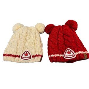 Canadiana Infant Cable Knit Winter Hats 12-24M Red & White Pom Beanie Set